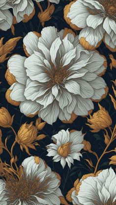 white and gold flowers on a black background