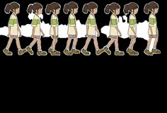 the animation shows an individual walking in different directions, with shoes on each side and short hair