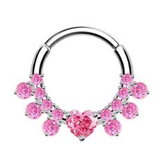 a pink heart shaped piercing ring with dangling stones