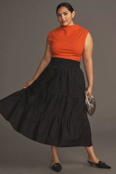 The Somerset Maxi Skirt | Anthropologie Black Skirt Outfit Plus Size, Plus Size Maxi Skirt Outfit, Tiered Skirt Outfit, Plus Size Maxi Skirt, Maxi Skirt Outfits, Fashion Inspiration Board, Business Casual Outfits For Work, Tiered Maxi Skirt, Plus Size Maxi