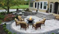 an outdoor patio with chairs and fire pit