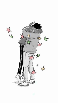 two people hugging each other with stars around them