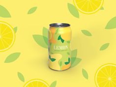 a can of lemonade sitting on top of a yellow background with green leaves and oranges