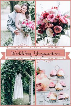 a collage of photos with pink and white flowers, cupcakes, and wedding decorations