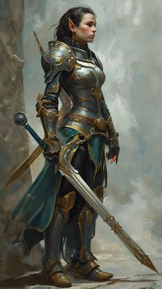 a painting of a woman in armor holding two swords