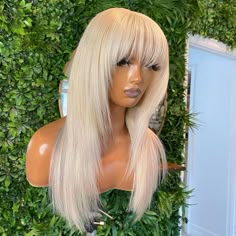 Lace Front Wig Virgin Human Hair White Blonde 150%Density 16" Blonde Hair With Bangs Black Women, Blonde Hair Ideas 2024, Front Dyed Hair, Ash Blonde With Bangs, Wig Inspo Styles, Platinum Hair With Bangs, Icy Blonde Wig, Baddy Hairstyles, Side Part Blonde Wig