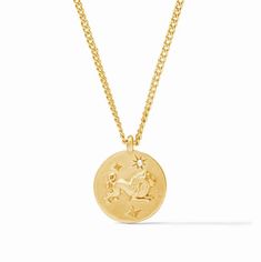 A detailed gold medallion necklace featuring Leo represented in bas relief by a crouching lion and accented with a glittering gemstone star, with the astrological symbol for Leo engraved on the reverse. 24K gold plate, CZ Length: 16.5 / 17.5 inches (adjustable) Closes with lobster clasp Julie Vos hallmark Jewelry Care:-Our jewelry is hand set in 24k gold plate over nickel-free brass and sealed to prevent tarnish.-Maintain the jewelry's beautiful luster by avoiding contact with -lotion, perfume, Leo Jewelry, Gold Medallion Necklace, Astrological Symbols, Julie Vos, Gold Medallion, Medallion Necklace, Bas Relief, Coin Necklace, Delicate Necklace