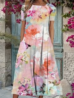 A-Line Loose Flower Print Pockets Round-Neck Midi Dresses PINK-5XL Flower Print Midi Dress, Leisure Fashion, Dresses Pink, Pink Midi Dress, Lovely Dresses, Midi Dresses, Elegant Dress, Flower Print, Art Lessons