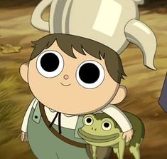 a cartoon character holding a frog in front of him