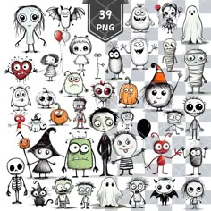 a collection of cartoon halloween characters with different expressions and sizes, all in black and white