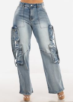 High Waist Straight Wide Leg Stretch Cargo Jeans Acid Wash High Rise Denim Blue Cargo Jeans With Contrast Stitching, Casual Acid Wash Denim Cargo Jeans, American Bazi Jeans, Urban High-waist Cargo Jeans With Multiple Pockets, Faded Straight Leg Rigid Denim Cargo Jeans, Stretch Cotton Full-length Cargo Jeans, Wide Leg Cargo Jeans, Career Wear, Leg Stretching