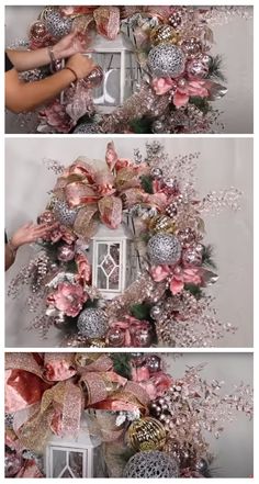 two pictures showing how to make a christmas wreath with silver and pink decorations on it