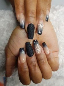 17 Creative Fall Nail Art Ideas for 2023 - thepinkgoose.com Fall Ombre Nails Ideas Acrylic, Black Ombre Nails Short, Black Sweater Nails, Black Ombre Acrylic Nails, Ombre Black Nails, Holiday Ombre Nails, Ombre Winter Nails, Christmas Ombre Nails Winter, Trendy Nails Ombre