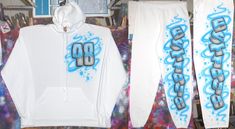 "Custom airbrushed 80's and 90's style chrome look block lettering fleece sweat pants. The display designs are airbrushed in fluorescent blue, opaque sky blue, and pearl silver colors for a wild and hot look. These are very bright and vibrant. We have also added to the display photo a matching hoodie which can be purchased separately to show the variety of custom airbrushed sweatpants designs. We are always coming up with something new. You may also choose to have the sweats airbrushed in any co Birthday Y2k, Lettering Name, Airbrush Ideas, Different Lettering, Cartoon Graffiti