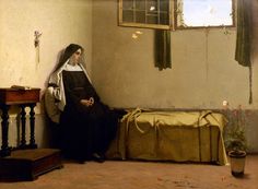 a painting of a nun sitting on a bed next to a table with a potted plant