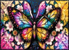 a colorful butterfly with flowers on it's wings is featured in this cross stitch pattern