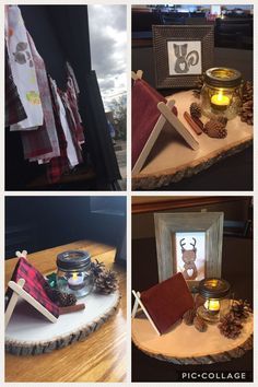 four different pictures of various items on a table