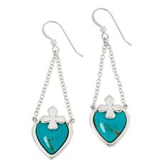 Jay King Sterling Silver Chilean Turquoise Heart Drop Earrings Beautiful Chilean turquoise stones in a dangling, heart-shaped earring design, will add a touch of colorful movement and style to any outfit. From Jay King.       Approx. 2-3/8"L x 11/16"W     Stamped .925     Pierced with wire backs     Earrings have bezel-set, heart-shaped turquoise drops with silver cross accent     Drops connect to wire backs via two chain lengths   Stone Information       All sizes and weights approximate     St Elegant Turquoise Jewelry With Heart Beads, Elegant Turquoise Heart Beads Jewelry, Turquoise Heart Drop Earrings As Gift, Turquoise Dangle Earrings With Heart Beads, Elegant Turquoise Heart Earrings, Turquoise Heart Beads Dangle Earrings, Elegant Turquoise Heart-shaped Jewelry, Hypoallergenic Heart-shaped Turquoise Jewelry, Turquoise Heart-shaped Sterling Silver Earrings