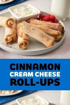 cinnamon cream cheese roll - ups on a plate with berries and yogurt