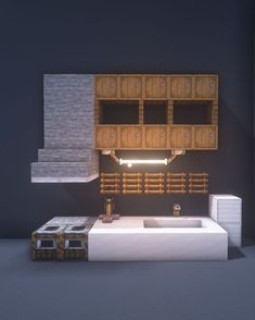 an image of a room that is made out of wood and concrete with shelves on the wall