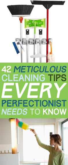 a woman cleaning the floor with a broom and duster in front of her is text overlay that says, 42 mysterious tips for cleaning every household needs to know