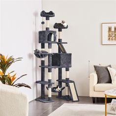 a cat tree in the corner of a living room