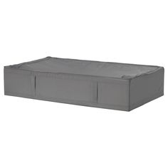 an image of a large gray bed with storage compartment on the bottom and side panels