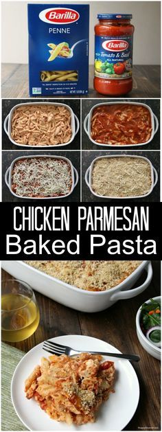 chicken parmesan baked pasta in a casserole dish with the ingredients on top