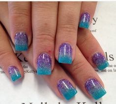 Purple And Teal Nails Acrylic, Purple Teal Nails Designs, Blue And Purple Ombré Nails, Blue And Purple Nails Acrylic Short, Dipped Nails Ideas Powder Ombre Purple, Blue And Purple Glitter Nails, Teal And Purple Nail Ideas