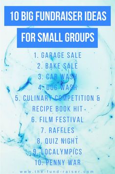 a blue poster with the words 10 big fundraiser ideas for small groups in white and blue