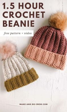 two crochet beanies with pom - poms on top and the text,