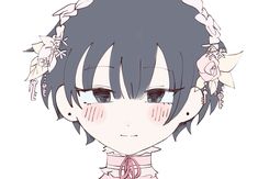 an anime character with black hair and flowers in her hair