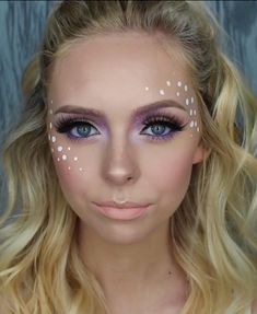 Cosmobyhaley festival makeup Face Rhinestone Ideas, Face Glitter Ideas, Festival Makeup Rhinestones, Fawn Costume, Rave Halloween