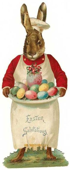 a happy easter card with an image of a bunny holding a basket full of eggs