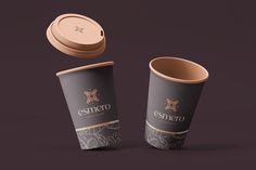 two coffee cups with lids are shown next to each other on a dark background, one is opened and the other has a lid