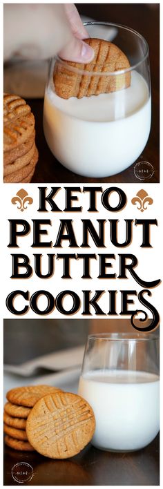 a close up of a plate of cookies and milk with the words keto peanut butter cookies