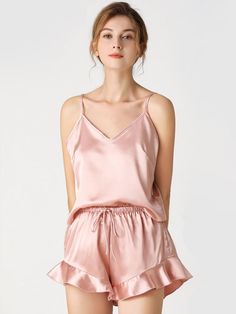 Color_pink Satin Sleepwear, Lace Pants, Skirt And Sneakers, Summer Pajamas, Satin Lingerie, Soft Pajamas, Silk Camisole, Casual Stylish, Pajama Set Women