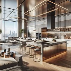 an open concept kitchen and living room in a high rise building with floor to ceiling windows