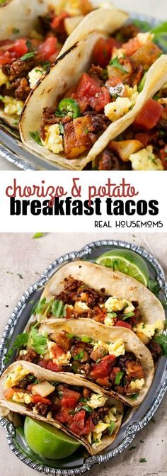 two plates filled with breakfast tacos on top of each other and the words, choco & potato breakfast tacos