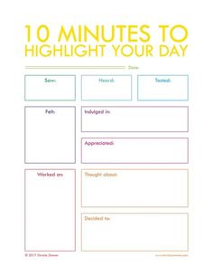 the 10 minutes to highlight your day worksheet is shown in yellow and blue