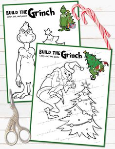 two christmas coloring pages with candy canes on the side and an elf beside them