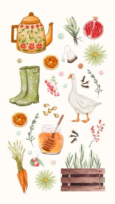 a watercolor painting of various items and flowers