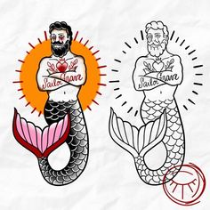 two mermaids with tattoos on their arms, one is holding a heart and the other has