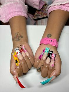 Xxl Freestyle Nails, Long Tapered Square Acrylic Nails Halloween, Cute Square Nails Long, Medium Freestyle Nails Acrylic, Trip Nails Ideas, Short Junk Nail Designs Acrylic, Rod Wave Nails, Nail Freestyle Designs, Extra Acrylic Nails