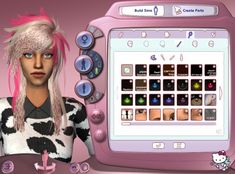 a girl with pink hair standing in front of a computer screen that has buttons on it