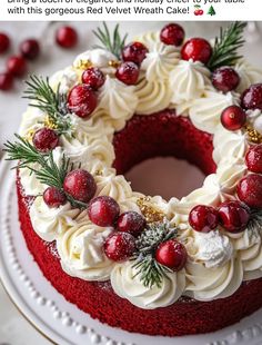 a red velvet cake with white frosting and cranberries