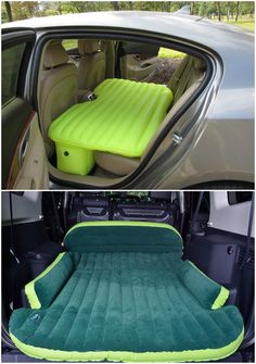 an inflatable car seat is shown with the back door open, and another photo shows