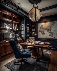 a desk with a chair and a map on the wall in a home office area