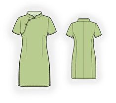 the front and back view of a green dress with buttons on the collar, side by side