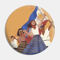 a button with an image of two women and one man holding the flag of philippines